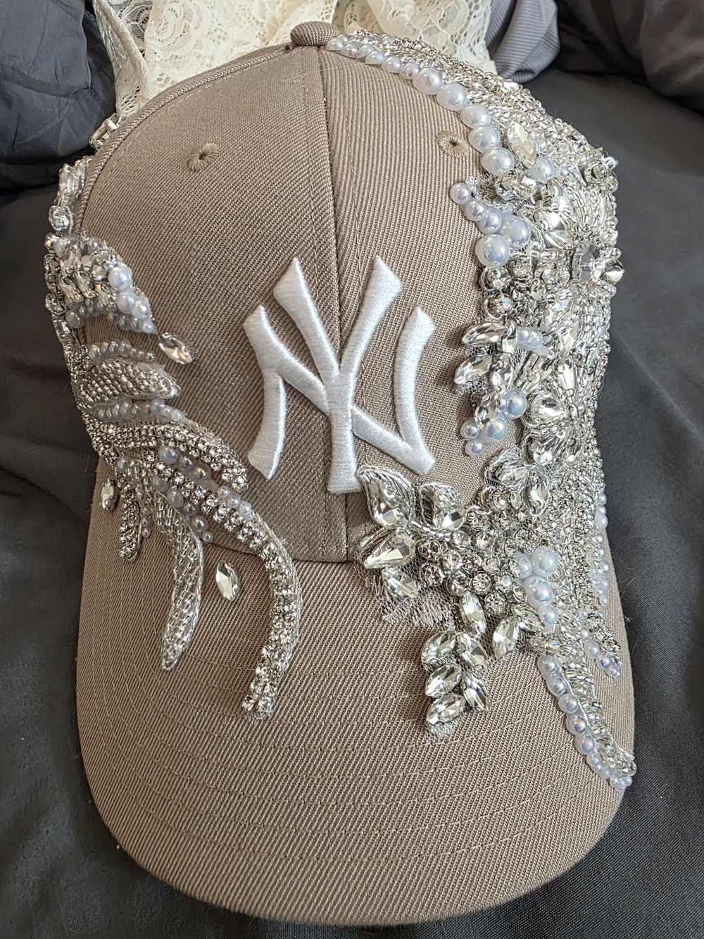 47 Women's Embellished Tan New York Yankees Cap with Pearls & Crystals